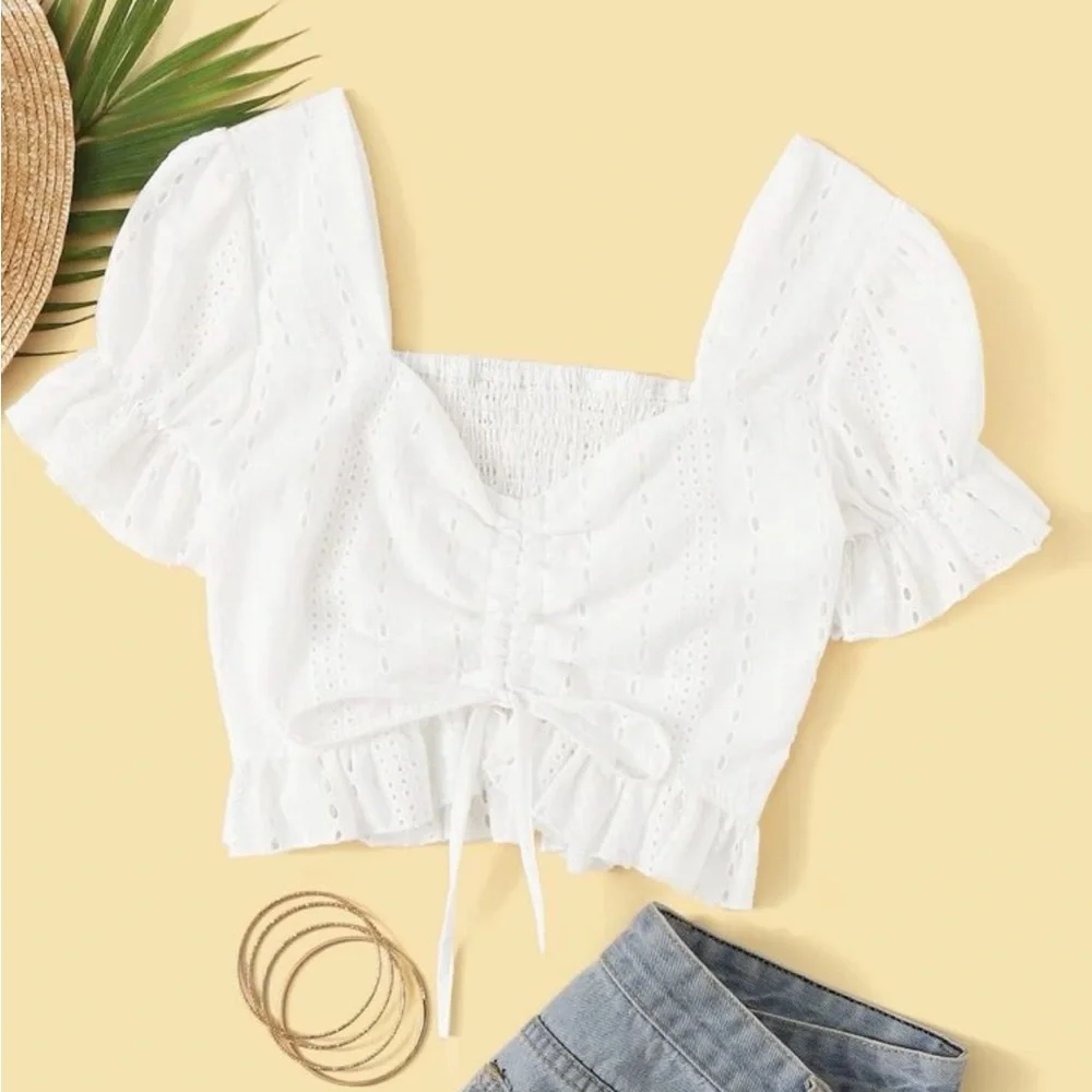 White Eyelet Embroidery Cropped Drawstring-Tie Ruched-Front Top